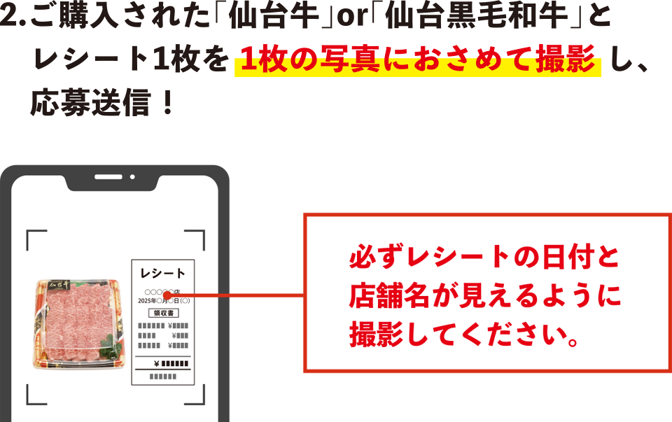 【ご購入の場合】step.2 ご購入された「仙台牛」or「仙台黒毛和牛」とレシート1枚を1枚の写真におさめて撮影し、応募送信！